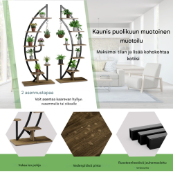 Metallinen puolikuun muotoinen kukkateline, 7-tasoinen, luonnonväri