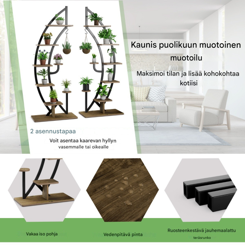 Metallinen puolikuun muotoinen kukkateline, 7-tasoinen, luonnonväri