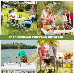 Kokoontaitettava valkoinen fileointipöytä kahdella altaalla ulkokäyttöön