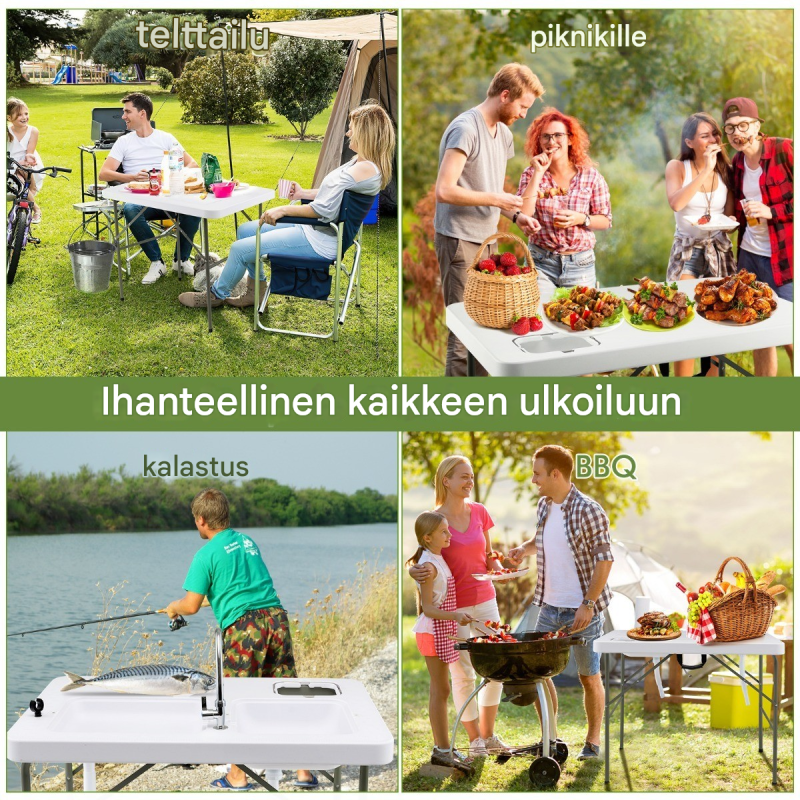 Kokoontaitettava valkoinen fileointipöytä kahdella altaalla ulkokäyttöön