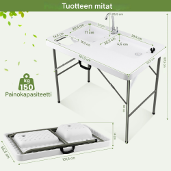 Kokoontaitettava valkoinen fileointipöytä kahdella altaalla ulkokäyttöön