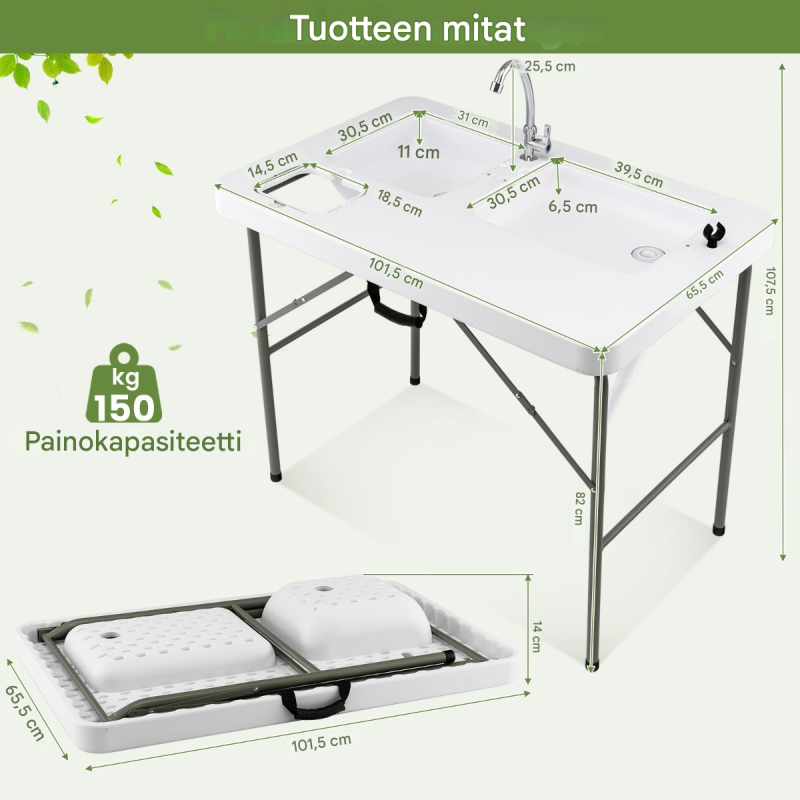 Kokoontaitettava valkoinen fileointipöytä kahdella altaalla ulkokäyttöön