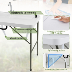 Kokoontaitettava valkoinen fileointipöytä kahdella altaalla ulkokäyttöön