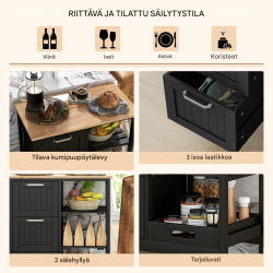 Monikäyttöinen keittiövaunu pyörillä ja säilytystilalla musta