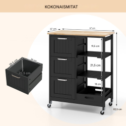 Monikäyttöinen keittiövaunu pyörillä ja säilytystilalla musta