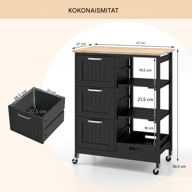 Monikäyttöinen keittiövaunu pyörillä ja säilytystilalla musta