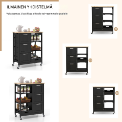Monikäyttöinen keittiövaunu pyörillä ja säilytystilalla musta