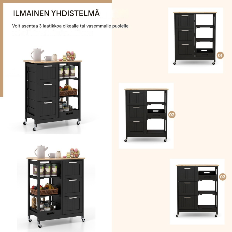 Monikäyttöinen keittiövaunu pyörillä ja säilytystilalla musta