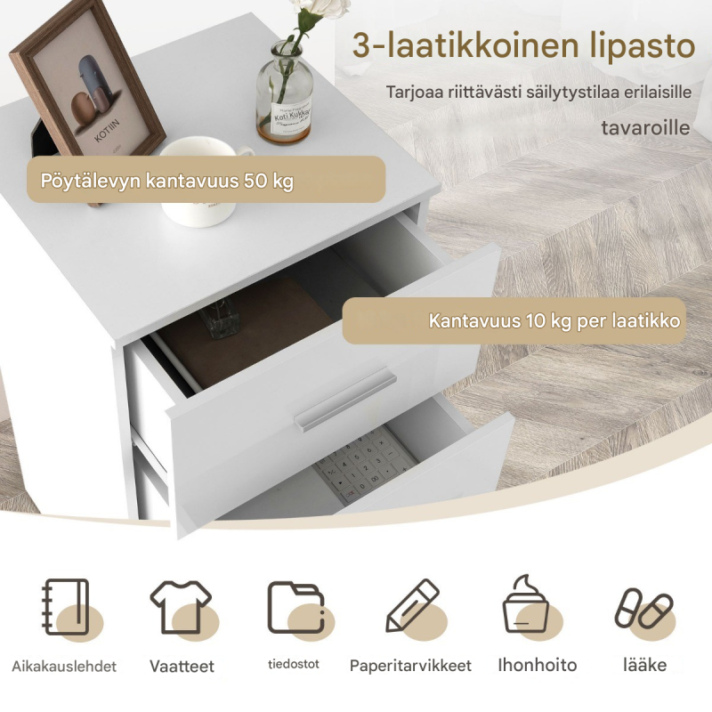 2 kpl valkoinen yöpöytä 3 laatikolla, kompakti ja moderni design