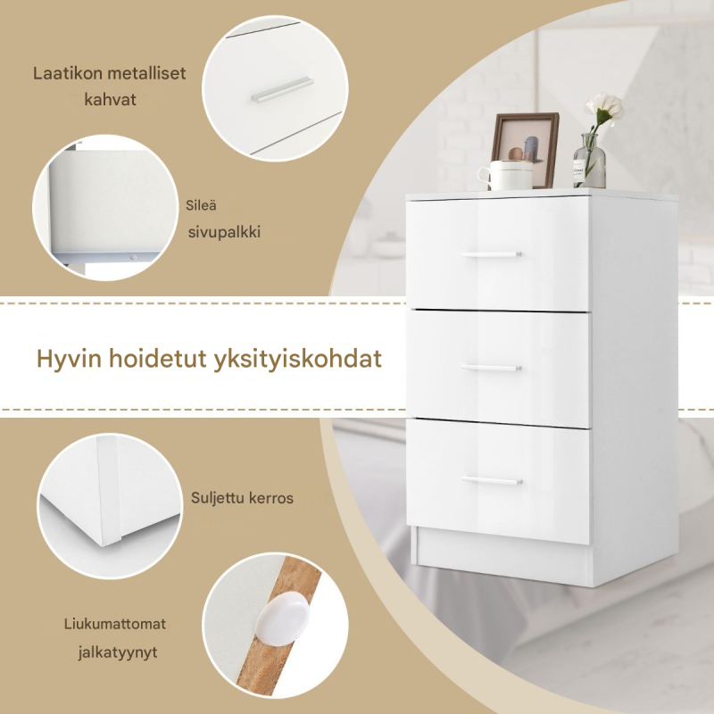 2 kpl valkoinen yöpöytä 3 laatikolla, kompakti ja moderni design