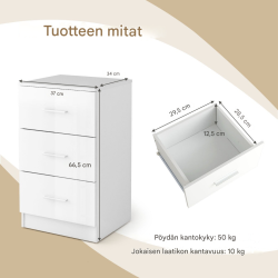 2 kpl valkoinen yöpöytä 3 laatikolla, kompakti ja moderni design