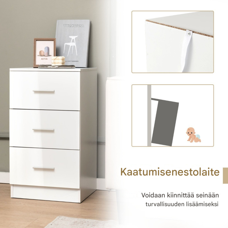 2 kpl valkoinen yöpöytä 3 laatikolla, kompakti ja moderni design