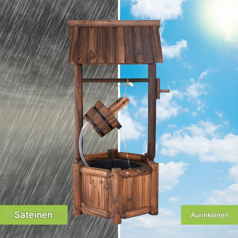 Rustiikkinen ruskea toivekaivo vesiputouksella puutarhaan