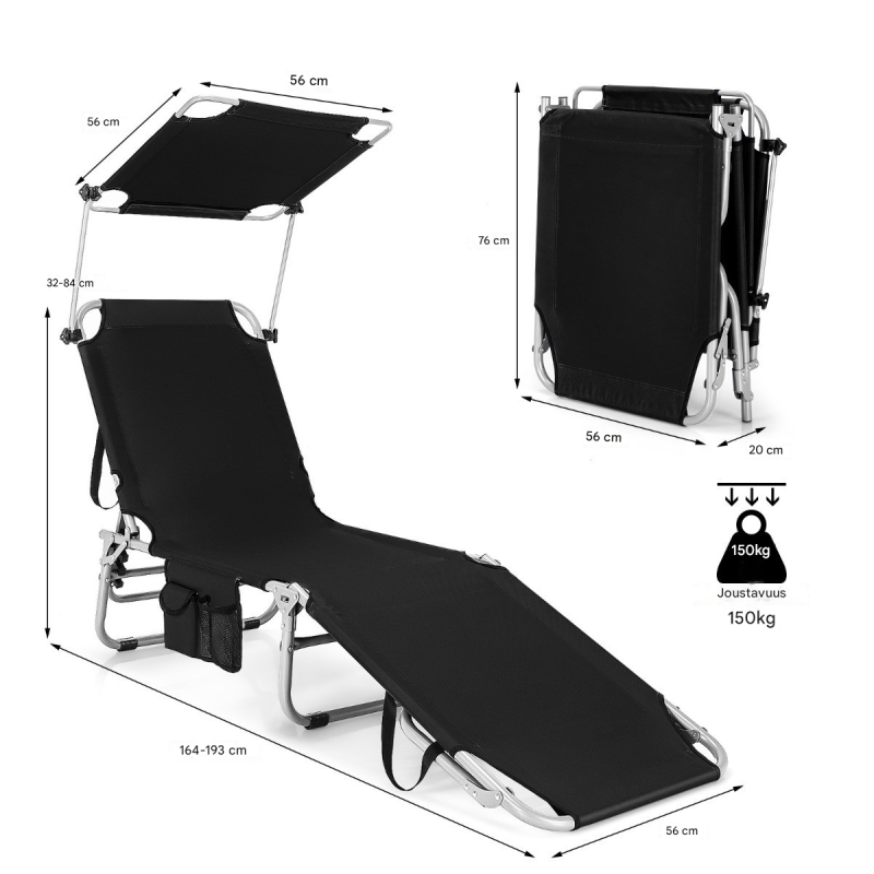 Musta taitettava aurinkotuoli 5-asentoinen selkänoja ja katos