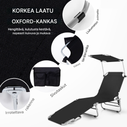 Musta taitettava aurinkotuoli 5-asentoinen selkänoja ja katos