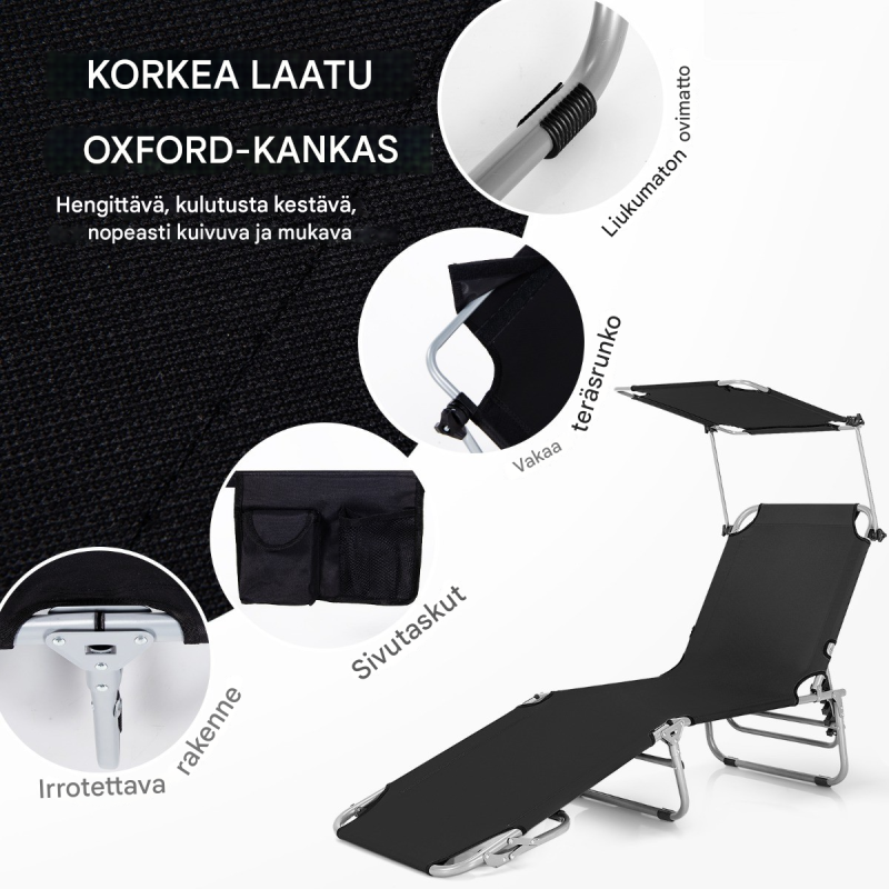 Musta taitettava aurinkotuoli 5-asentoinen selkänoja ja katos