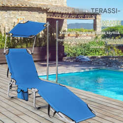Taitettava sininen aurinkotuoli säädettävällä selkänojalla ja katoksella
