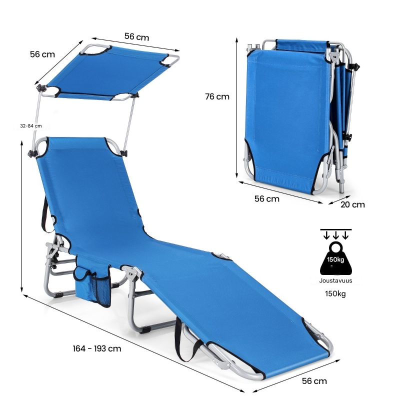 Taitettava sininen aurinkotuoli säädettävällä selkänojalla ja katoksella