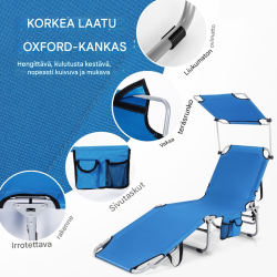 Taitettava sininen aurinkotuoli säädettävällä selkänojalla ja katoksella