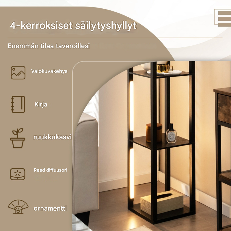 Moderni musta lattiavalaisin säilytyshyllyillä ja himmennettävällä LED-valolla