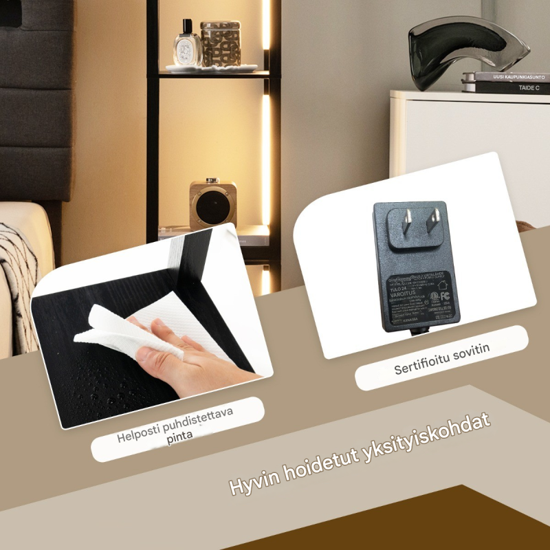 Moderni musta lattiavalaisin säilytyshyllyillä ja himmennettävällä LED-valolla