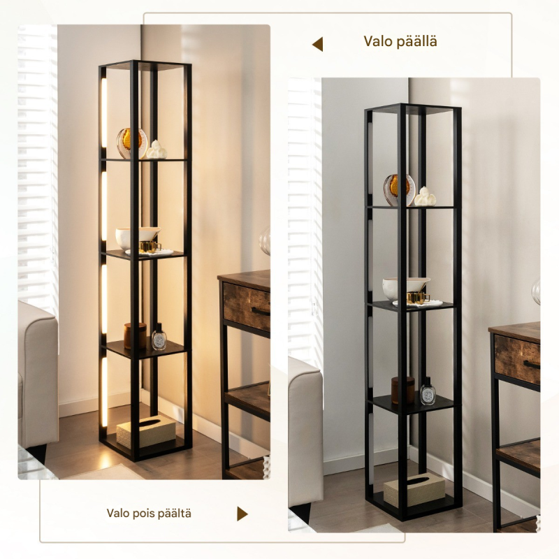 Moderni musta lattiavalaisin säilytyshyllyillä ja himmennettävällä LED-valolla