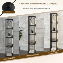 Moderni musta lattiavalaisin säilytyshyllyillä ja himmennettävällä LED-valolla