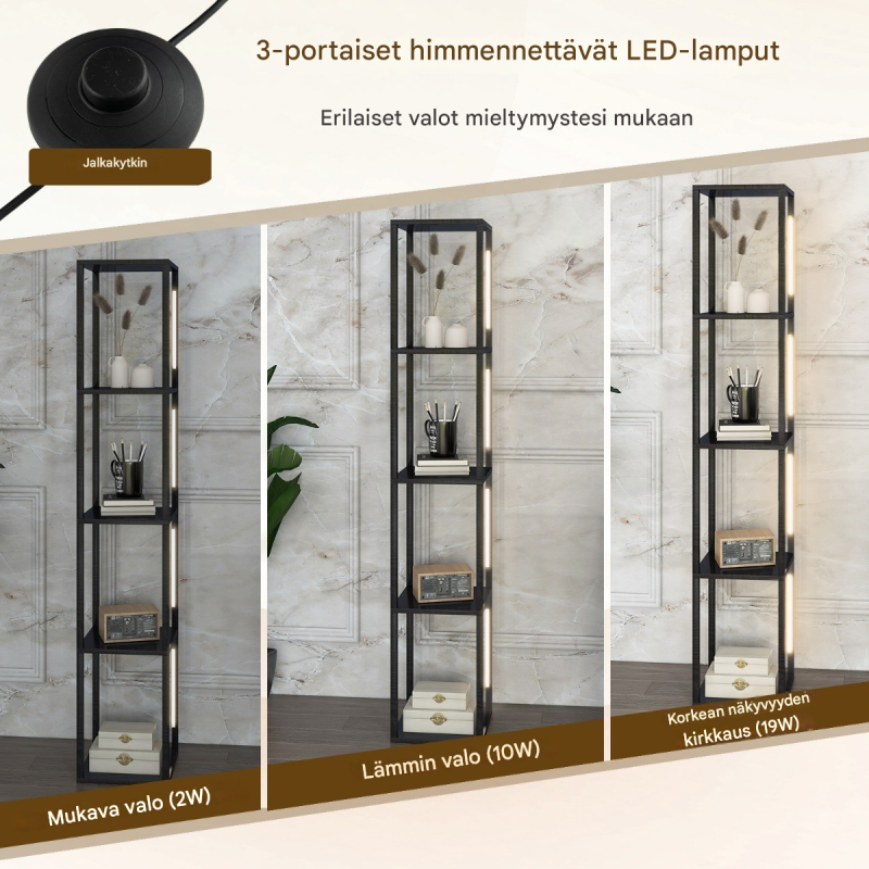 Moderni musta lattiavalaisin säilytyshyllyillä ja himmennettävällä LED-valolla