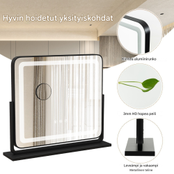 Musta LED-valaistu meikkipeili 5x suurennuksella ja kosketusohjaus