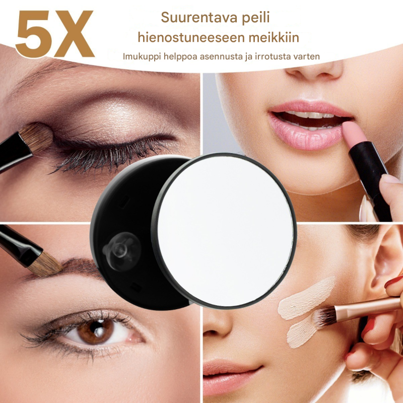 Musta LED-valaistu meikkipeili 5x suurennuksella ja kosketusohjaus