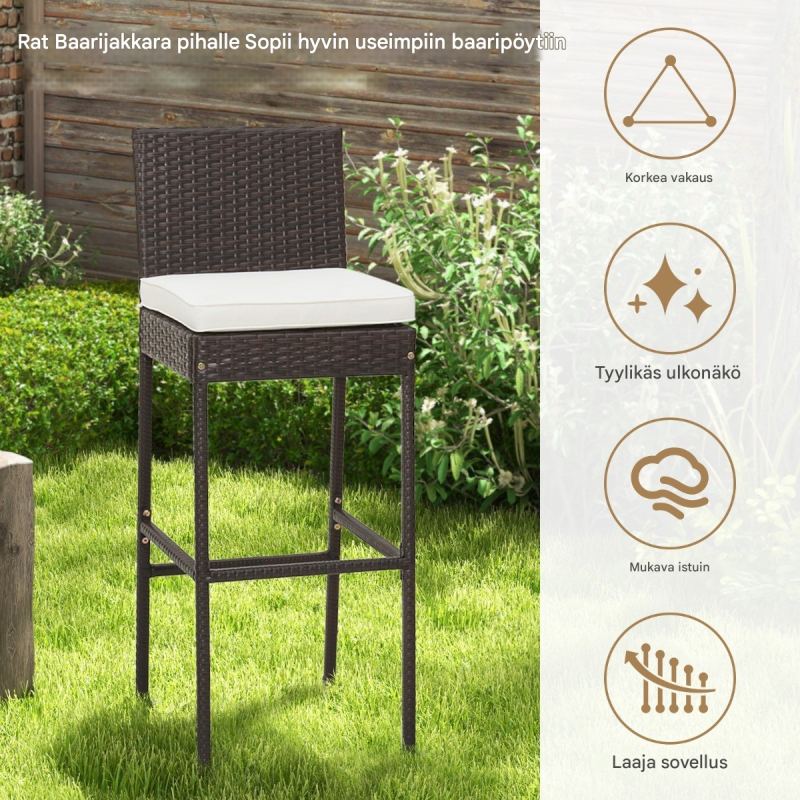 Neljän ruskean rottinkibaarituolin setti ulkokäyttöön