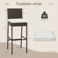 Neljän ruskean rottinkibaarituolin setti ulkokäyttöön