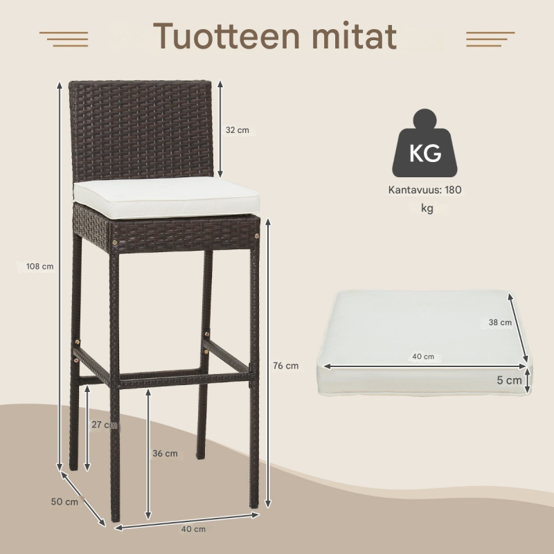 Neljän ruskean rottinkibaarituolin setti ulkokäyttöön