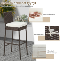 Neljän ruskean rottinkibaarituolin setti ulkokäyttöön