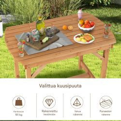 Tukeva puinen ulkopöytä 4-6 hengelle, luonnonväri