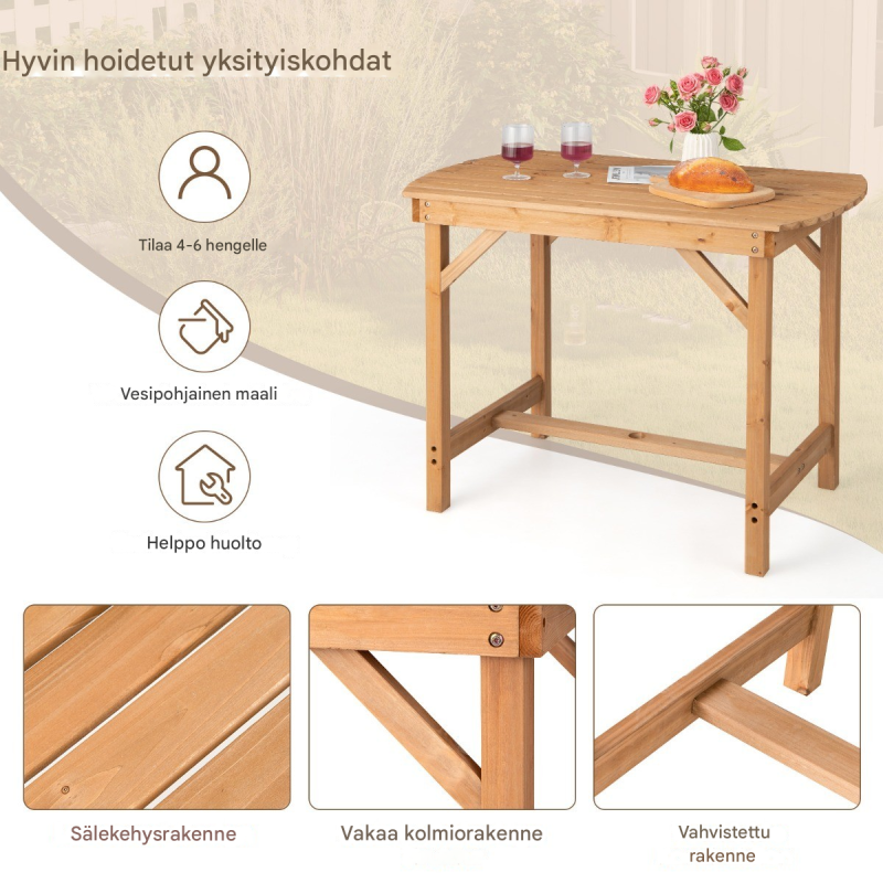 Tukeva puinen ulkopöytä 4-6 hengelle, luonnonväri