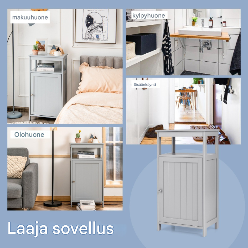 Monikäyttöinen valkoinen kylpyhuonekaappi säädettävillä hyllyillä Monikäyttöinen valkoinen kylpyhuonekaappi säädettävillä hyllyillä