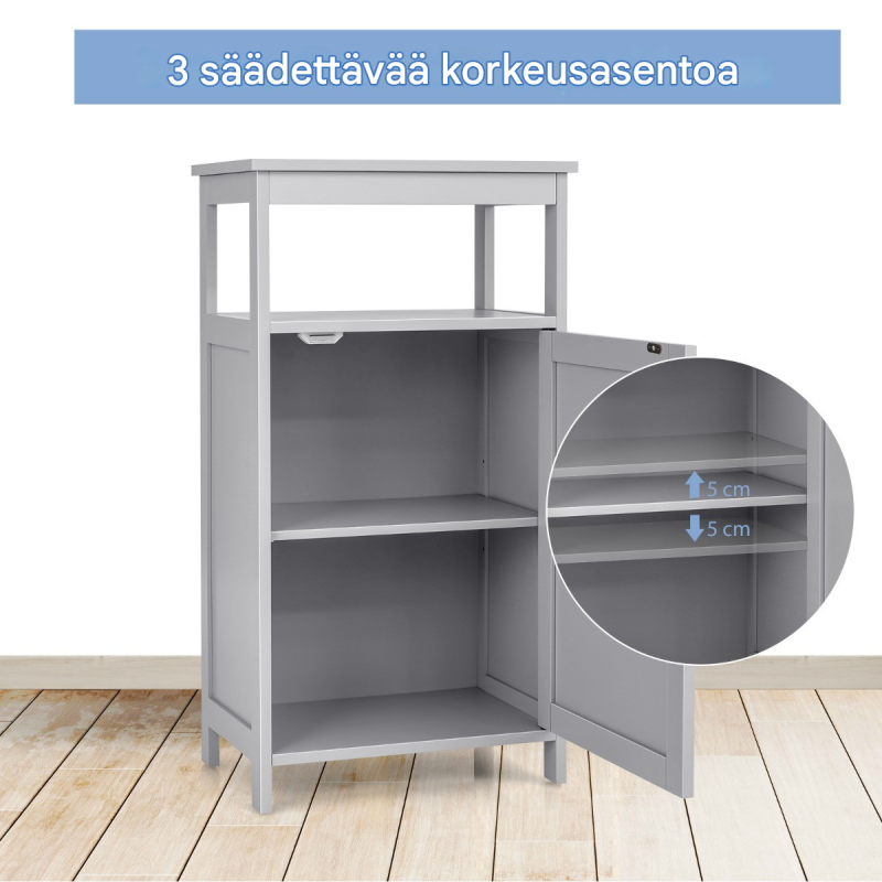 Monikäyttöinen valkoinen kylpyhuonekaappi säädettävillä hyllyillä Monikäyttöinen valkoinen kylpyhuonekaappi säädettävillä hyllyillä