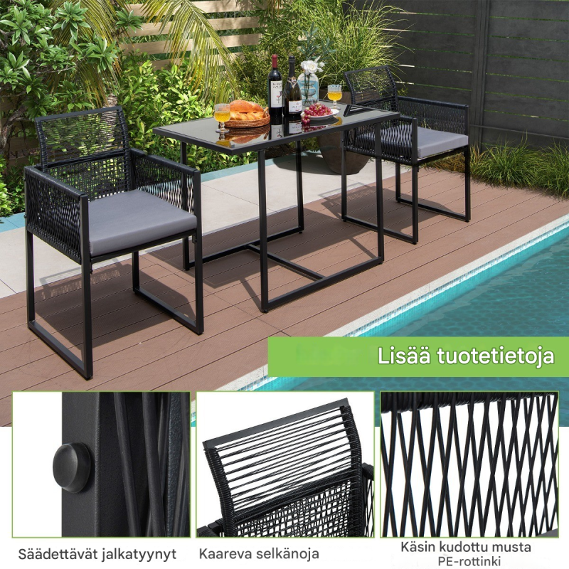 Kolmen osan harmaa ulkoruokailusetti pehmeillä tyynyillä