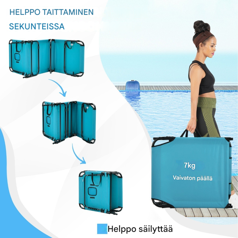 Beige taitettava aurinkotuoli kasvoaukolla ja säädettävällä selkänojalla