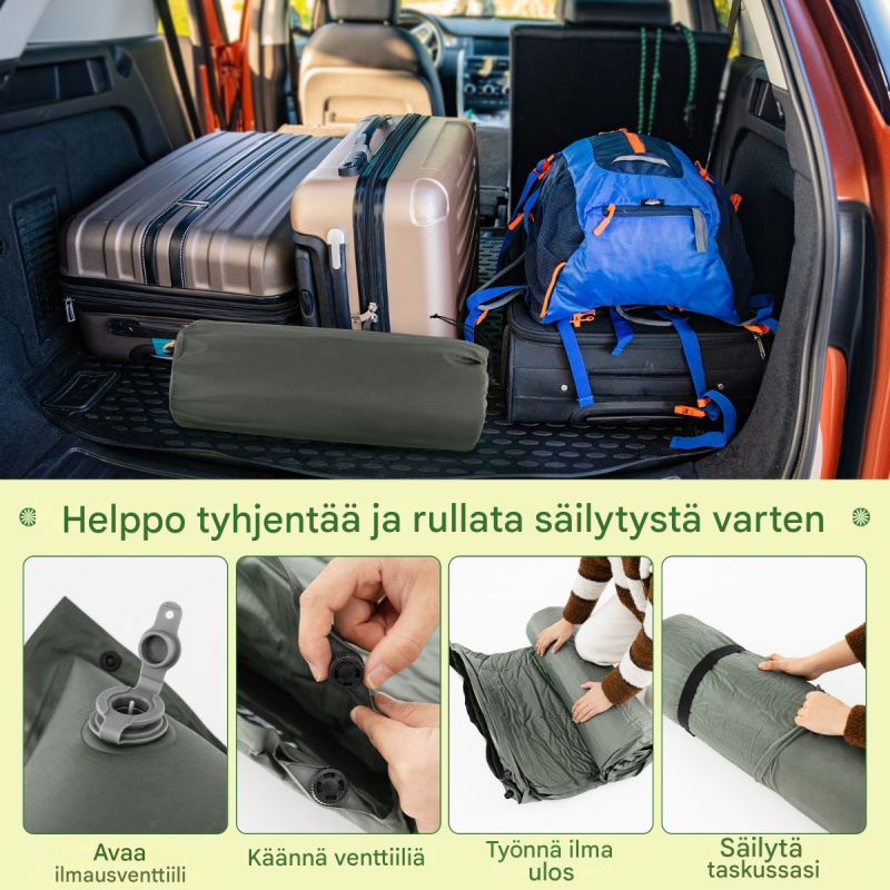 Itsetäyttyvä vihreä retkipatja kahdelle, vedenpitävä ja ergonominen