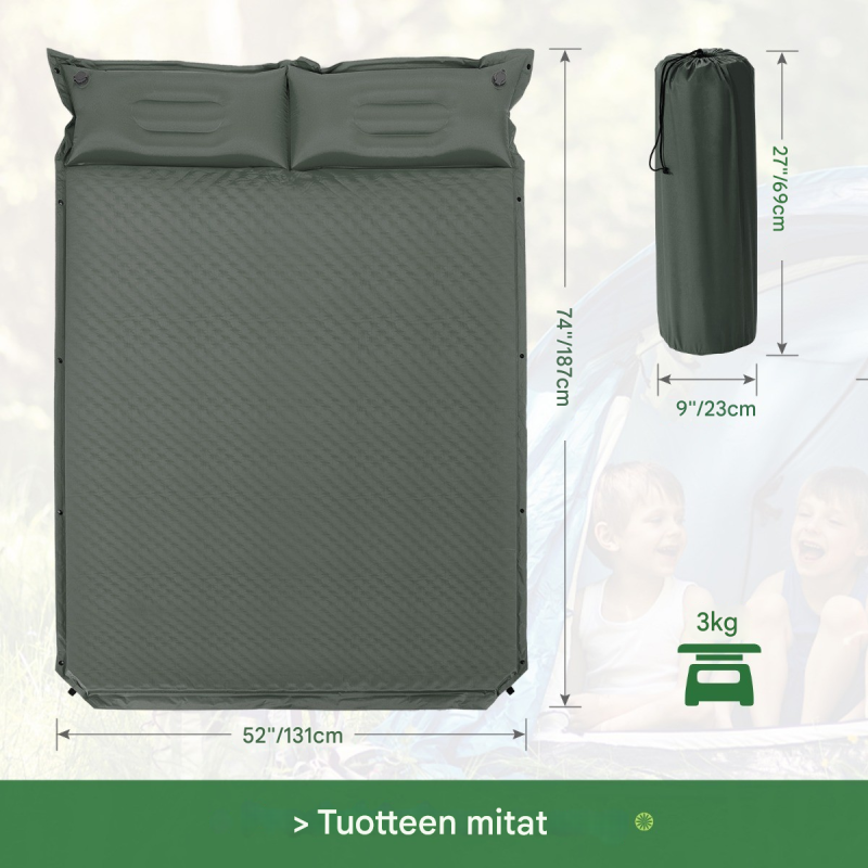Itsetäyttyvä vihreä retkipatja kahdelle, vedenpitävä ja ergonominen