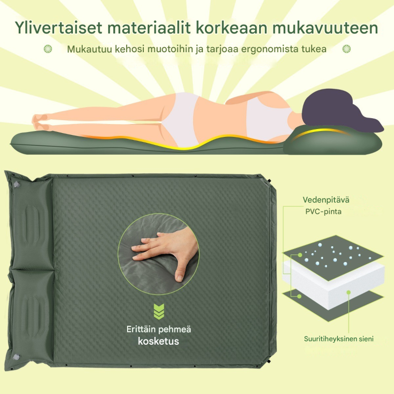Itsetäyttyvä vihreä retkipatja kahdelle, vedenpitävä ja ergonominen