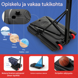 Säädettävä musta koripalloteline pyörillä ja täytettävällä jalustalla