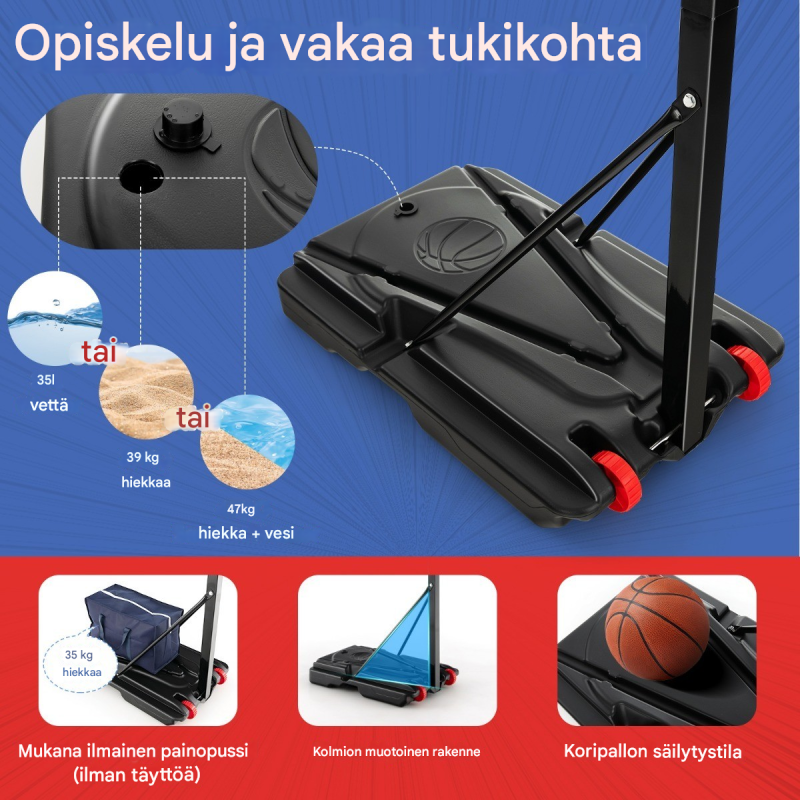 Säädettävä musta koripalloteline pyörillä ja täytettävällä jalustalla