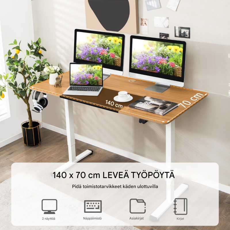 Sähköisesti korkeussäädettävä työpöytä 140x70 cm, luonnonväri