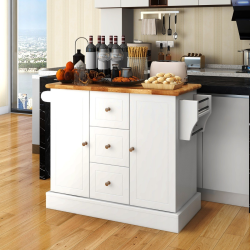 Liikuteltava valkoinen keittiösaareke kumipuusta säädettävillä hyllyillä