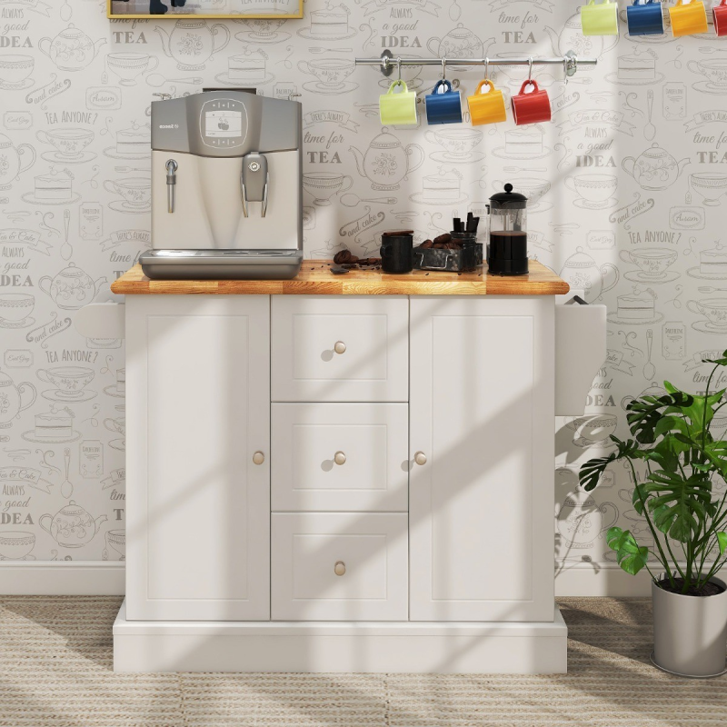 Liikuteltava valkoinen keittiösaareke kumipuusta säädettävillä hyllyillä