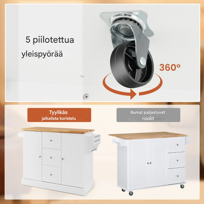 Liikuteltava valkoinen keittiösaareke kumipuusta säädettävillä hyllyillä