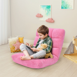 Beige säädettävä lattiatuoli selkänojalla ja koralliflanellilla